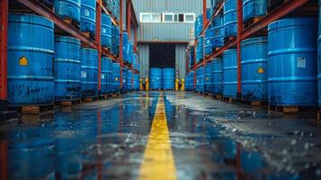 Rows of water containers neatly arranged on a loading dock, ready for shipment and distribution photo