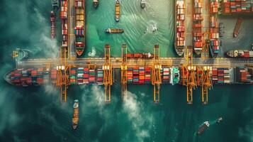 Aerial view of a bustling shipping port with cranes loading and unloading containers from cargo ships photo