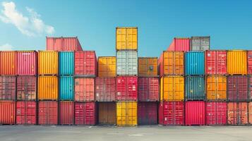 Expansive view of a shipping yard filled with air containers stacked neatly in rows under a clear blue sky photo