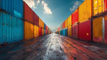 Expansive shipping yard with rows of colorful containers stacked neatly under a clear blue sky photo