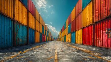 Expansive view of a shipping yard filled with air containers stacked neatly in rows under a clear blue sky photo