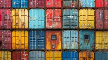 Stacked shipping containers forming a geometric pattern with varying colors and sizes photo