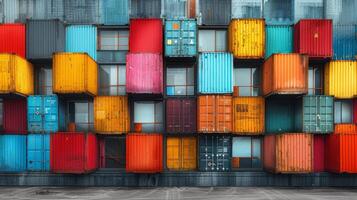 Stacked shipping containers forming a geometric pattern with varying colors and sizes photo