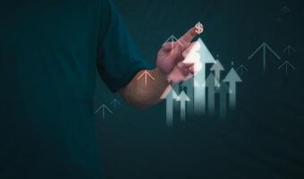 Planning and strategy, stock market, business growth, progress or success concept, businessman or trader showing growing virtual holographic stocks, invest in stock market trading or digital assets photo