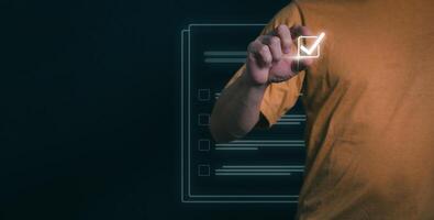 Businessmen mark check blocks to verify the correctness and approve or accept the agreement. in digital documents Concept of working via the internet photo