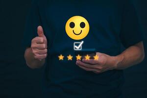 Customer services best excellent business rating experience. Satisfaction survey concept. user gives ratings to service experience on the online application, online marketing, and business processes. photo
