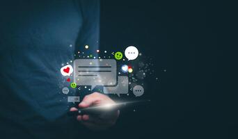 The concept of using digital media, technology, and social media. Surfing online, male hand using smartphone To play or use social media, remote work concept, work from home via the Internet photo