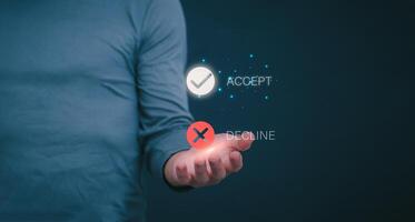 A person is touching text on a virtual image. To agree on the terms, concepts, and management of digital transformation. Internet of Things, big data and business processes, automation, storage photo