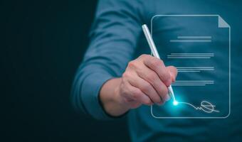 The person signing an electronic document on a smartphone, management concept, digital transformation Internet of Things, Big Data and Business Processes, Automated Operations, Data Storage photo
