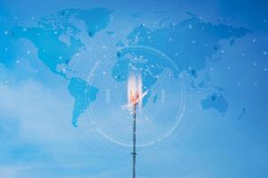 Connecting, communicating, and exchanging with global network cloud data internet technology. Using wireless data with high-speed technology for economic, scientific, and financial development. photo