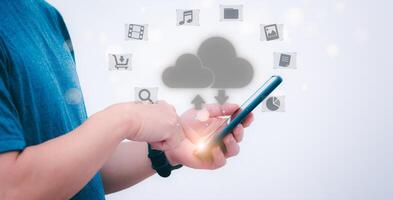 Connecting, communicating, and exchanging with global network cloud data internet technology. Using wireless data with high-speed technology for economic, scientific, and financial development. photo