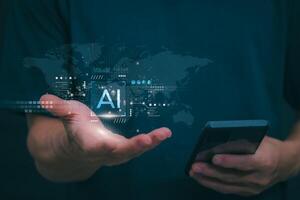 The person showing AI technology that connects information to various systems, concepts, management, digital transformation Internet of Things, Big Data and Business Processes, Automated Operations photo