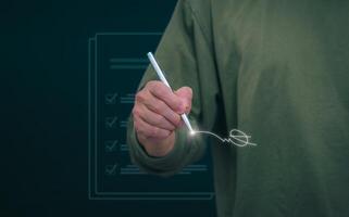 The person signing an electronic document on a smartphone, management concept, digital transformation Internet of Things, Big Data and Business Processes, Automated Operations, Data Storage photo