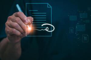 The person signing an electronic document on a smartphone, management concept, digital transformation Internet of Things, Big Data and Business Processes, Automated Operations, Data Storage photo