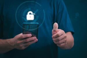 Protection and encryption of fingerprint data with network technology for security. To protect against crimes, hackers, and everyday online attacks, technology, and data security. authentication photo