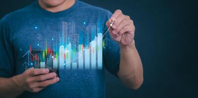 Planning and strategy, stock market, business growth, progress or success concept, businessman or trader showing real estate stock Virtual holograms, invest in stock market trading or digital assets. photo