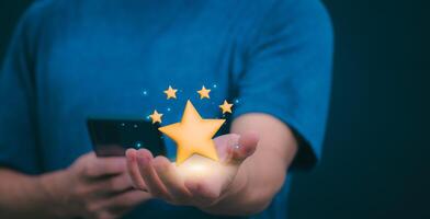 Customer services best excellent business rating experience. Satisfaction survey concept. user gives ratings to service experience on the online application, online marketing, and business processes. photo