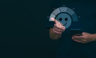 Customer services best excellent business rating experience. Satisfaction survey concept. user gives ratings to service experience on the online application, online marketing, and business processes. photo