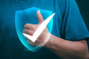 Businessmen mark to verify the correctness and approve or accept the agreement. Concept of working via the Internet, big data and business processes, automation photo