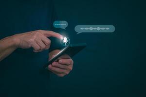 The concept of using digital media, technology, and social media. Surfing online, male hand using smartphone To play or use social media, remote work concept, work from home via the Internet photo