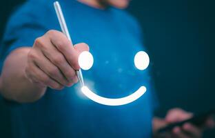 Customer services best excellent business rating experience. Satisfaction survey concept. user gives ratings to service experience on the online application, online marketing, and business processes. photo