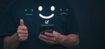 Customer services best excellent business rating experience. Satisfaction survey concept. user gives ratings to service experience on the online application, online marketing, and business processes. photo