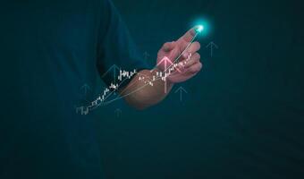 Planning and strategy, stock market, business growth, progress or success concept, businessman or trader showing growing virtual holographic stocks, invest in stock market trading or digital assets photo