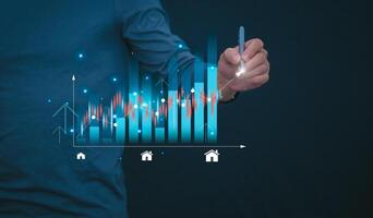 Planning and strategy, stock market, business growth, progress or success concept, businessman or trader showing real estate stock Virtual holograms, invest in stock market trading or digital assets. photo