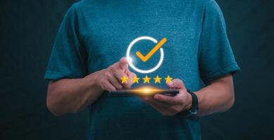 Customer services best excellent business rating experience. Satisfaction survey concept. user gives ratings to service experience on the online application, online marketing, and business processes. photo
