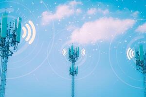 Connecting, communicating, and exchanging with global network cloud data internet technology. Using wireless data with high-speed technology for economic, scientific, and financial development. photo