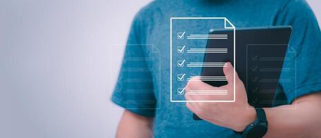 Businessmen mark check blocks to verify the correctness and approve or accept the agreement. in digital documents Concept of working via the internet photo