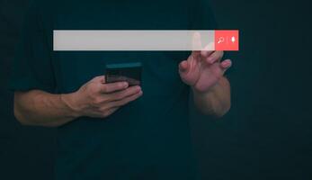 Information search technology, search engine optimization, male hand using a smartphone to search information, using the search bar function on your website photo