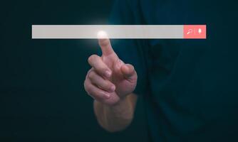 Information search technology, search engine optimization, male hand using a smartphone to search information, using the search bar function on your website photo