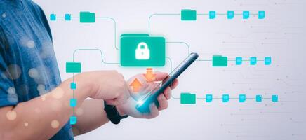 Person showing protection system In order to screen or prevent attacks from cyber, hackers, the concept of managing systems to be safe. digital transformation Internet of Things, Data Storage photo