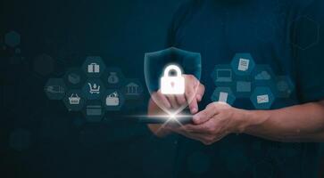 Person showing protection system In order to screen or prevent attacks from cyber, hackers, the concept of managing systems to be safe. digital transformation Internet of Things, Data Storage photo