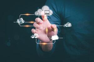 Connecting, communicating, and exchanging with global network cloud data internet technology. Using wireless data with high-speed technology for economic, scientific, and financial development. photo