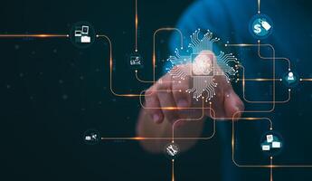 Connecting, communicating, and exchanging with global network cloud data internet technology. Using wireless data with high-speed technology for economic, scientific, and financial development. photo