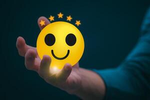 Customer services best excellent business rating experience. Satisfaction survey concept. user gives ratings to service experience on the online application, online marketing, and business processes. photo