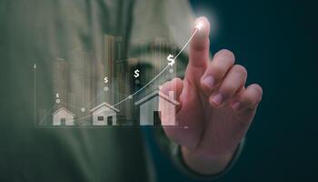 Planning and strategy, stock market, business growth, progress or success concept, businessman or trader showing real estate stock Virtual holograms, invest in stock market trading or digital assets. photo