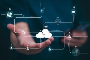 Connecting, communicating, and exchanging with global network cloud data internet technology. Using wireless data with high-speed technology for economic, scientific, and financial development. photo