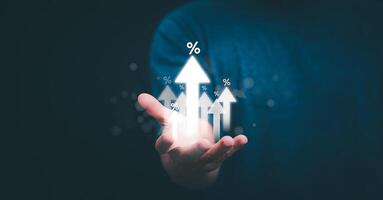 Planning and strategy, stock market, business growth, progress or success concept, businessman or trader showing growing virtual holographic stocks, invest in stock market trading or digital assets photo