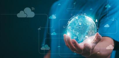 Connecting, communicating, and exchanging with global network cloud data internet technology. Using wireless data with high-speed technology for economic, scientific, and financial development. photo