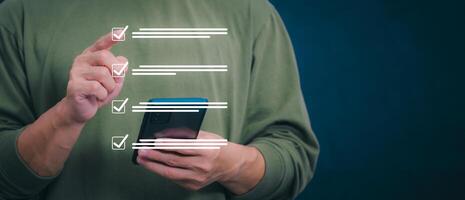 Businessmen mark check blocks to verify the correctness and approve or accept the agreement. in digital documents Concept of working via the internet photo