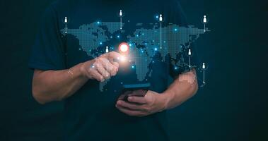 Connecting, communicating, and exchanging with global network cloud data internet technology. Using wireless data with high-speed technology for economic, scientific, and financial development. photo