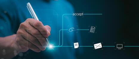 Close-up of a man's right hand holding a pen preparing to start writing or signing on the white background, the concept of signing a document or accepting an agreement with digital technology. photo