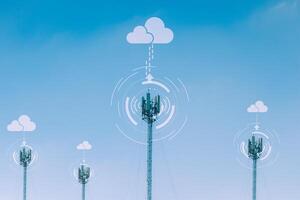 Connecting, communicating, and exchanging with global network cloud data internet technology. Using wireless data with high-speed technology for economic, scientific, and financial development. photo