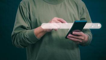 Information search technology, search engine optimization, male hand using a smartphone to search information, using the search bar function on your website photo