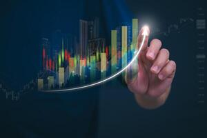 Planning and strategy, stock market, business growth, progress or success concept, businessman or trader showing growing virtual holographic stocks, invest in stock market trading or digital assets photo