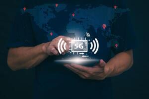 Connecting, communicating, and exchanging with global network cloud data internet technology. Using wireless data with high-speed technology for economic, scientific, and financial development. photo