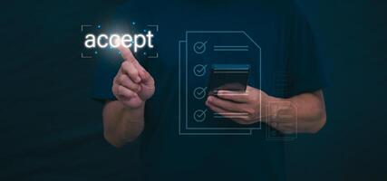 The person accepts an electronic document on a smartphone, management concept, digital transformation Internet of Things, Big Data and Business Processes, Automated Operations, Data Storage photo